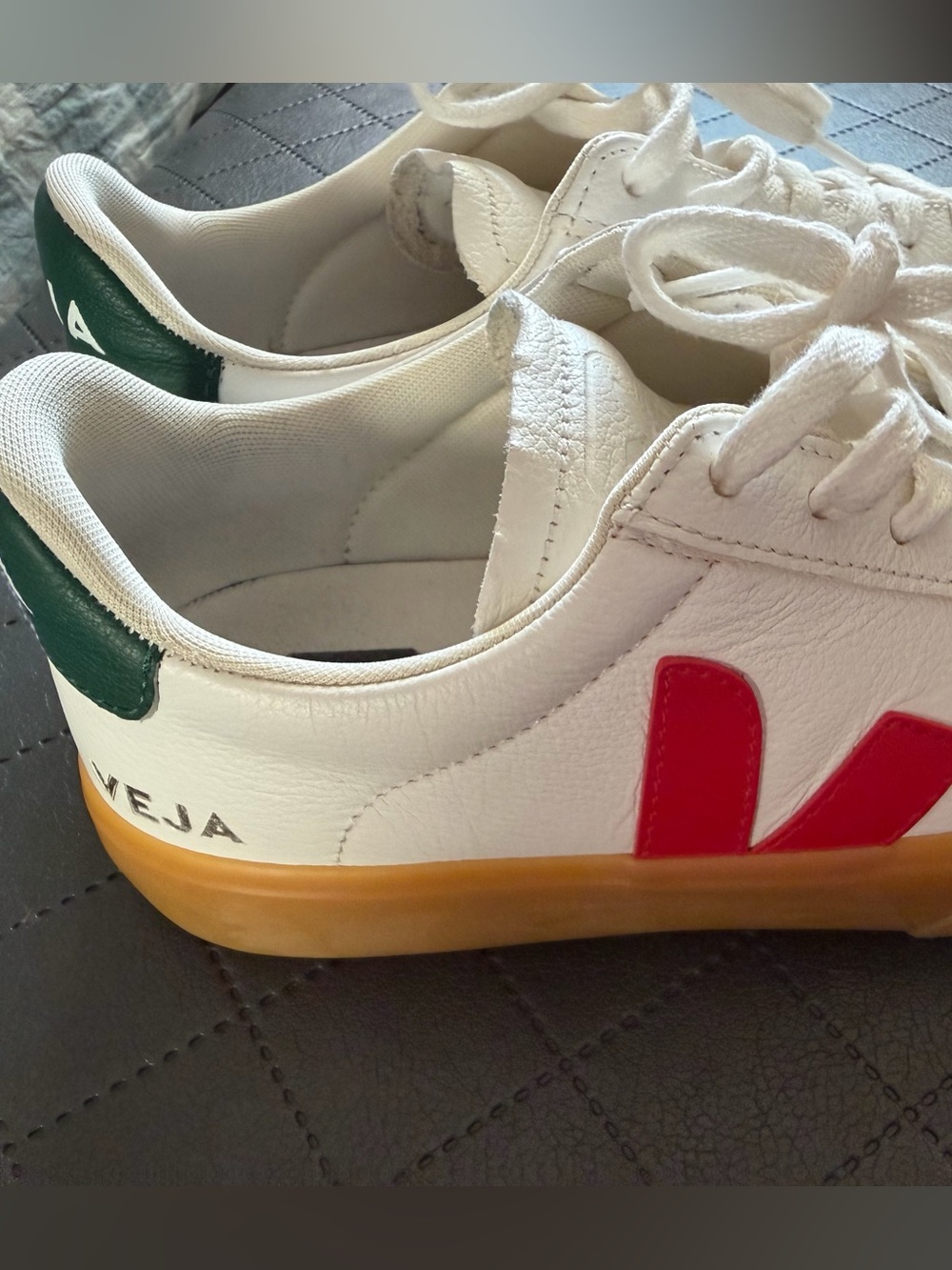 Veja Women’s White Sneakers with Green Heel Tab and Gum Sole